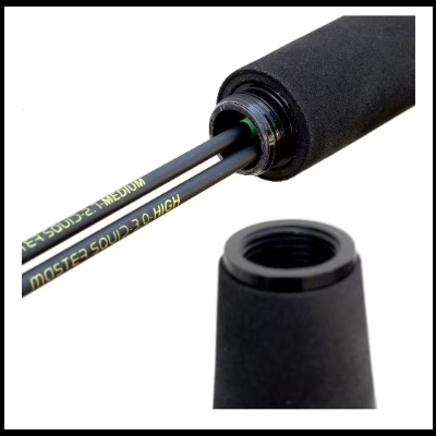 Cabo preto de cana de pesca com espuma e texto amarelo nas hastes