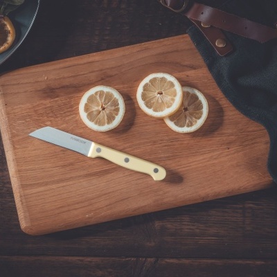 Tábuas de madeira com limão e faca pequena