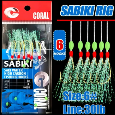 Conjunto Sabiki Rig com 6 anzóis tamanho 6 em embalagem da marca Coral