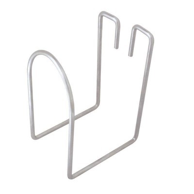 Suporte metálico prateado com duas garras e estrutura semicircular