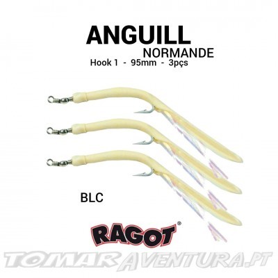 Três iscas artificiais de pesca em forma de enguia, cor branca com detalhes rosados, marca RAGOT, texto em preto em fundo branco.