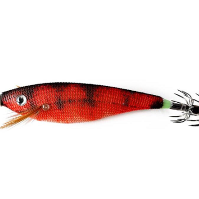 Isca de pesca artificial vermelha e preta com penas e anzóis