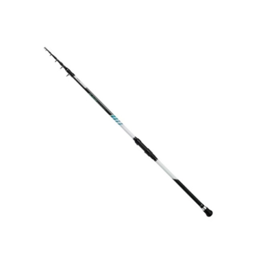 Vara de pesca telescópica preta, branca e azul com cabo em borracha.