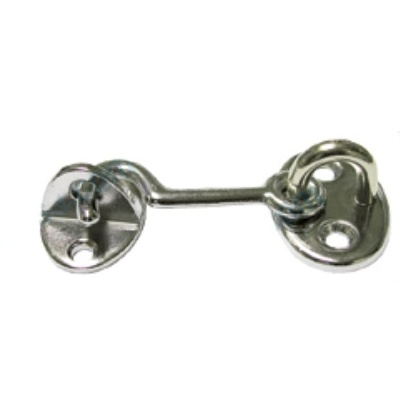 Tranca metálica prateada com duas peças redondas e barra reta para fixação