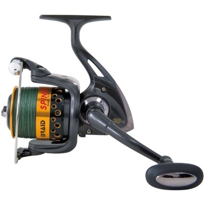 Carretel de pesca SPIN cinzento e amarelo com linha verde e alavanca preta