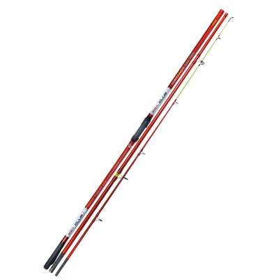 Dois canas de pesca vermelhas com apontadores amarelos e punhos pretos