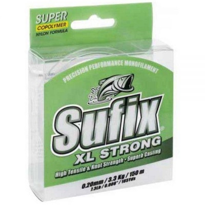Fio de pesca Sufix XL Strong em embalagem verde e transparente.