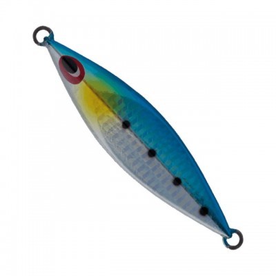 Isca de pesca metálica colorida com pintura em azul, amarelo e cinza, com detalhes vermelhos e pontos pretos.