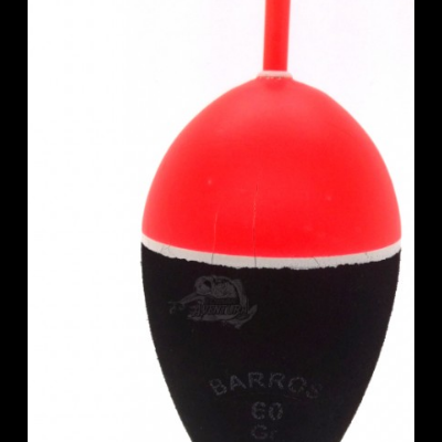 Boia de pesca vermelha e preta com texto e ponta metálica