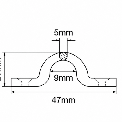 Desenho técnico de peça curva com medidas 47mm, 20mm, 5mm e 9mm