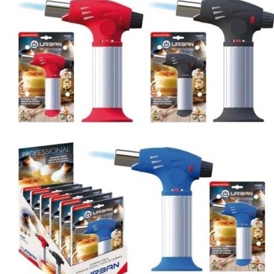 Três isqueiros de cozinha Urban vermelho, preto e azul com embalagem e caixa de exposição