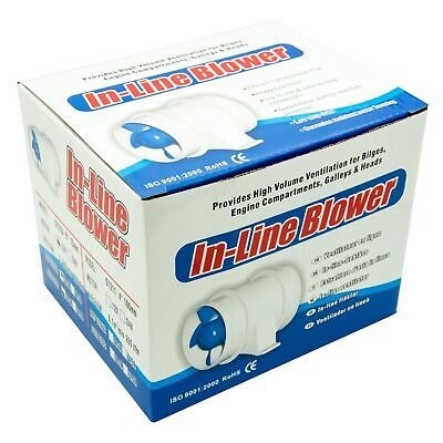 Embalagem do produto In-Line Blower com imagem do ventilador e texto em inglês