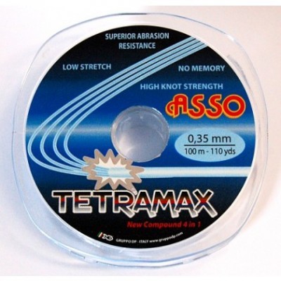 Rolo de fio de pesca ASSO TETRAMAX 0,35 mm com etiqueta azul e preta