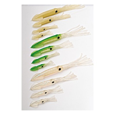 Iscas artificiais de pesca em forma de lula de vários tamanhos e cores