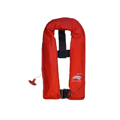 Colete salva-vidas insuflável vermelho com correia preta e cordão branco