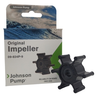 Impulsor preto com 6 aletas ao lado da embalagem Original Impeller Johnson Pump