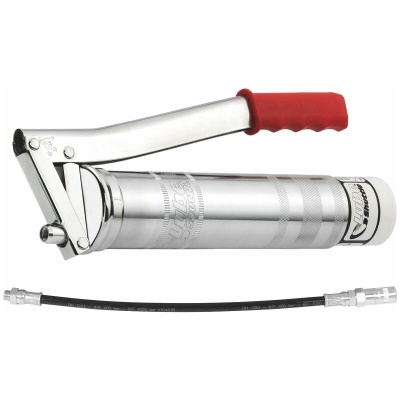 Bomba de massa lubrificante metálica cromada com pega vermelha e mangueira preta