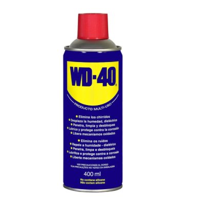 Frasco de spray WD-40 azul com tampa vermelha e texto em espanhol.