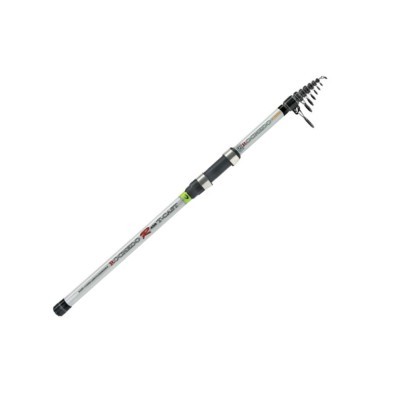 Vara de pesca telescópica prateada com detalhes a preto e vermelho