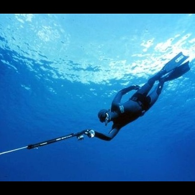 Mergulhador subaquático com arpão e equipamento preto e azul