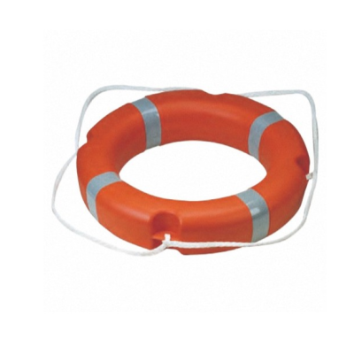 Circulador de salvamento vermelho com faixas prateadas e corda branca