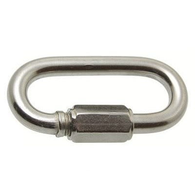 Conector metálico prateado oval com porca hexagonal.