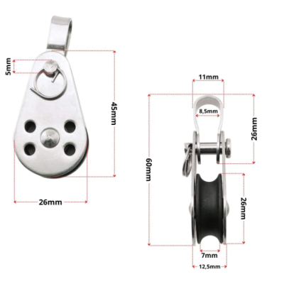 Polia metálica com roldana preta e medidas em milímetros