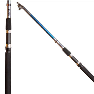 Vara de pesca telescópica azul e preta com empunhadura de espuma preta