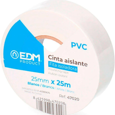 Rolo de fita isolante branca da marca EDM PRODUCT com etiqueta azul e branca