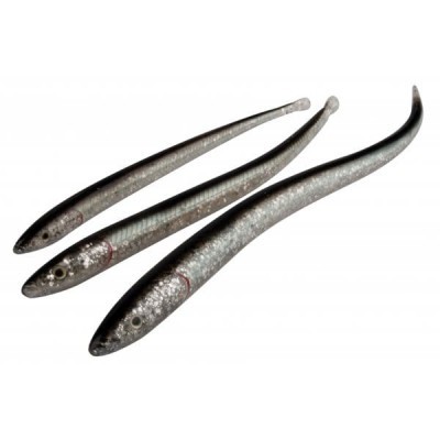 Iscos artificiais alongados cinza prateado com olhos pretos e detalhes vermelhos