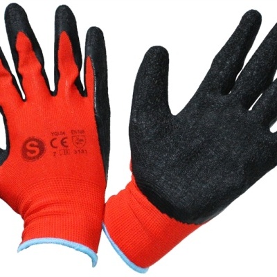 Par de luvas de trabalho vermelhas e pretas com texto impresso