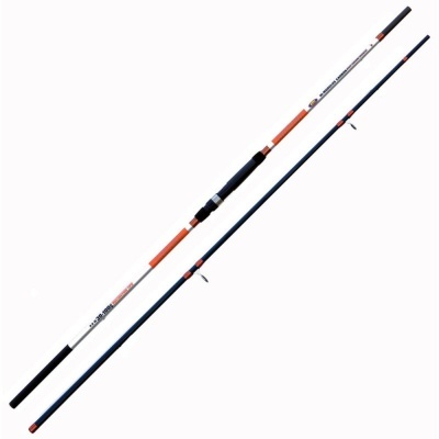 Vara de pesca preta, branca e vermelha com punho antiderrapante.