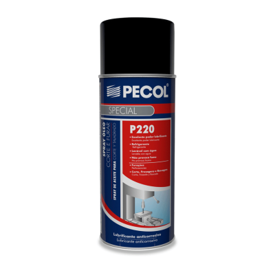 Spray lubrificante anticorrosivo PECOL P220 com rótulo azul e vermelho