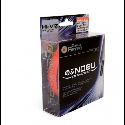 Embalagem de linha de pesca Fishing Ferrari NOBU pro-coast preta e azul com etiqueta técnica laranja