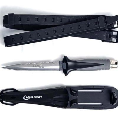 Faca de mergulho preta com bainha e tiras de fixação