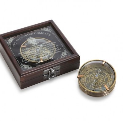 Bússola vitoriana dourada com caixa de madeira escura