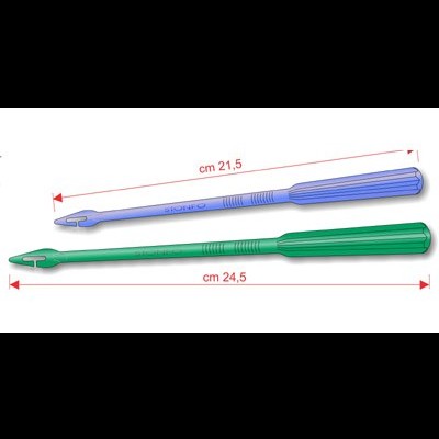Dois instrumentos médicos em azul e verde, com medidas indicadas em cm.