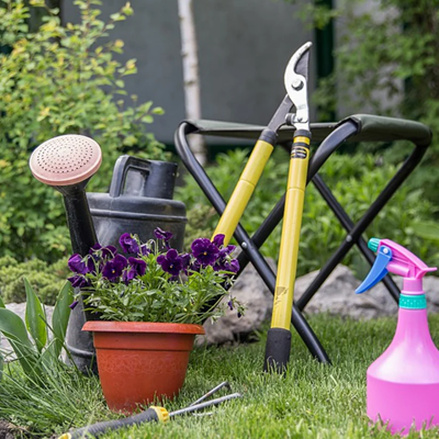 Ferramentas de jardinagem incluindo regador, tesoura de poda, borrifador e vaso de flores em relva