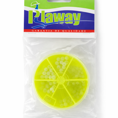 Embalagem com estojo amarelo redondo e contas brancas