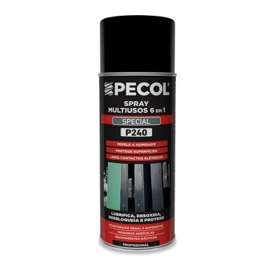 Lata de spray multiusos PECOL 6 em 1 com tampa preta e rótulo preto e vermelho