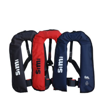 Colete insuflável de segurança azul, vermelho e preto com marca Simi