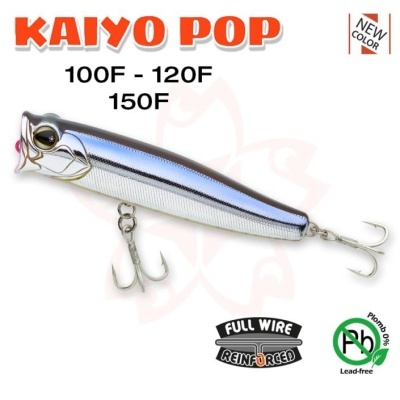 Isca de pesca KAIYO POP em cor nova, metálica prateada, com anzóis triplos, indicada para pesca, com etiquetas de reforço e sem chumbo