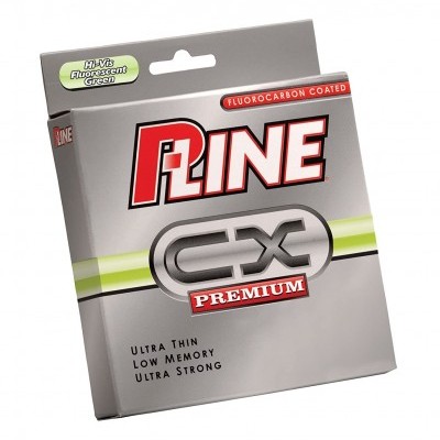 Embalagem cinza de linha de pesca P-Line CX Premium com texto em vermelho, branco e preto