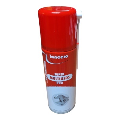 Spray multiusos Lancero Super Multiusos Pro, tampo vermelho e rótulo vermelho e branco com ferramenta