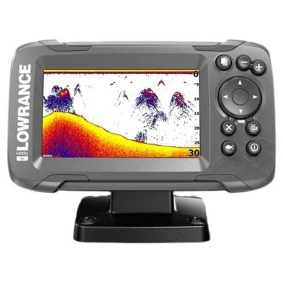 Aparelho eletrónico cinzento LOWRANCE com ecrã colorido e base preta