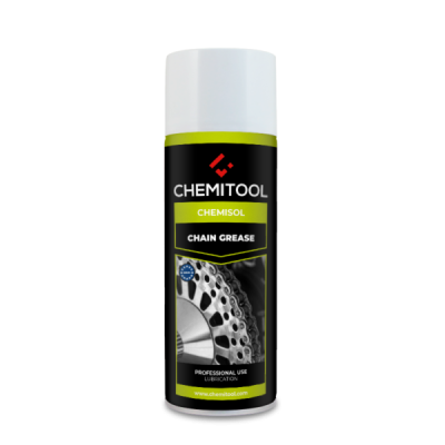 Spray lubrificante CHEMITOOL CHEMISOL para correntes com etiqueta preta e verde.