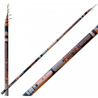 Vara de pesca telescópica preta e laranja com texto VORTEX EVOLUTION