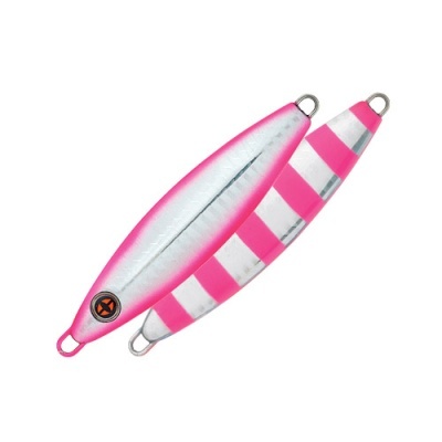 Dois iscos de pesca metálicos cor-de-rosa e prateados com argolas metálicas