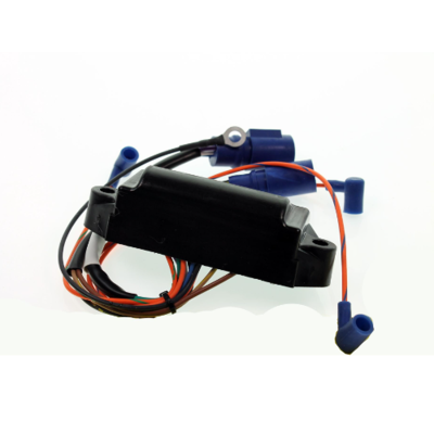 Módulo eletrónico preto com fios e conectores azuis sobre fundo branco