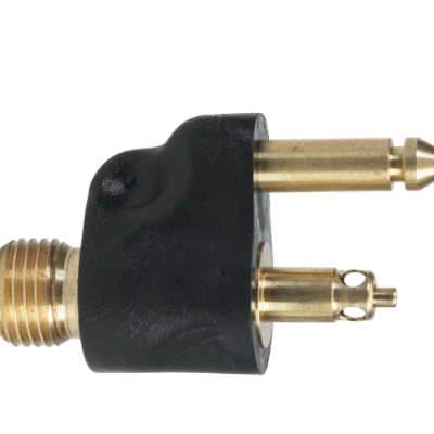 Adaptador de conector de áudio em forma de T com corpo preto e conectores dourados